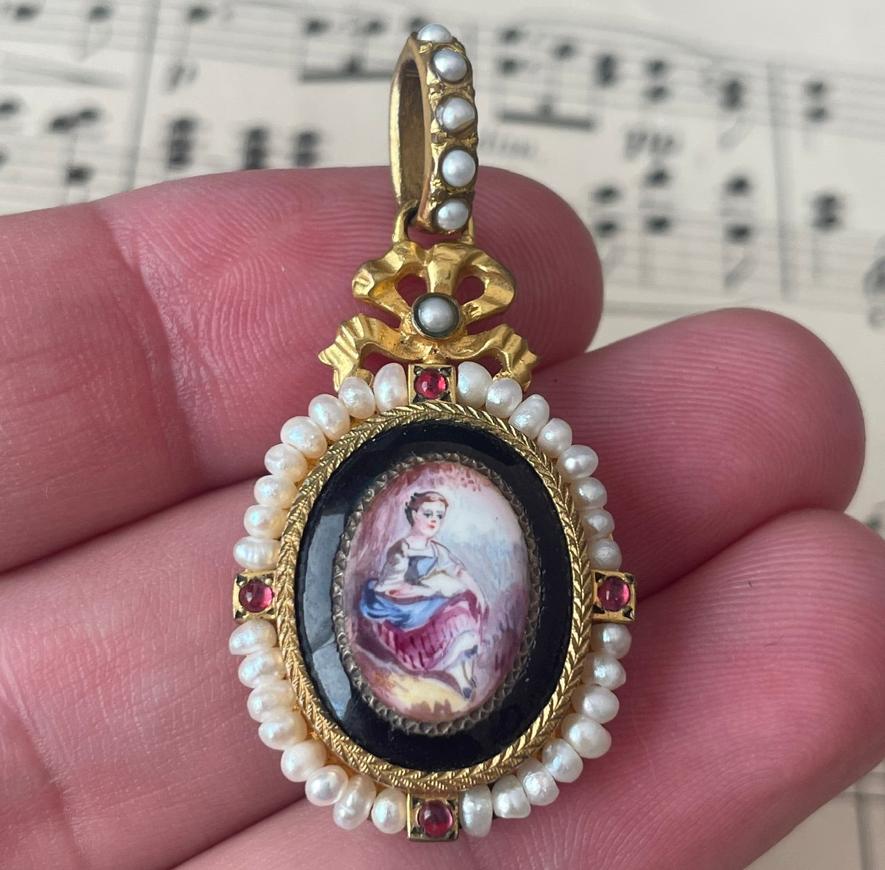 Rare Antique French Art Nouveau Hand Painted Porcelain Pearls Locket Pendant c1900
