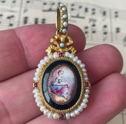 Rare Antique French Art Nouveau Hand Painted Porcelain Pearls Locket Pendant c1900