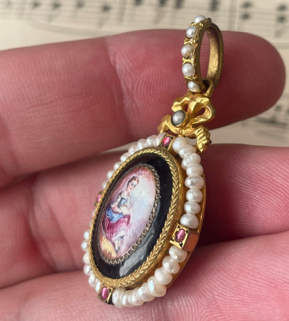Rare Antique French Art Nouveau Hand Painted Porcelain Pearls Locket Pendant c1900