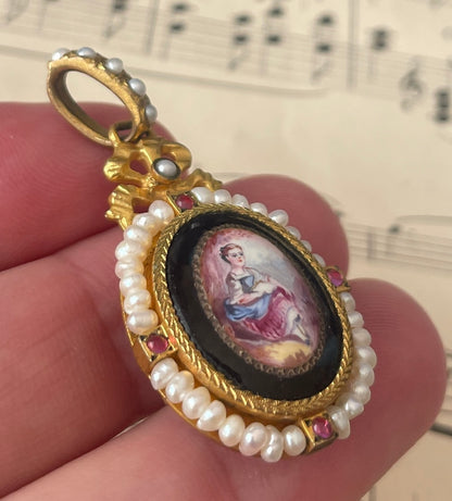 Rare Antique French Art Nouveau Hand Painted Porcelain Pearls Locket Pendant c1900