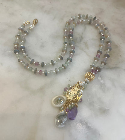 Gold 14k Owl necklace with opals, amethyst, solar quartz