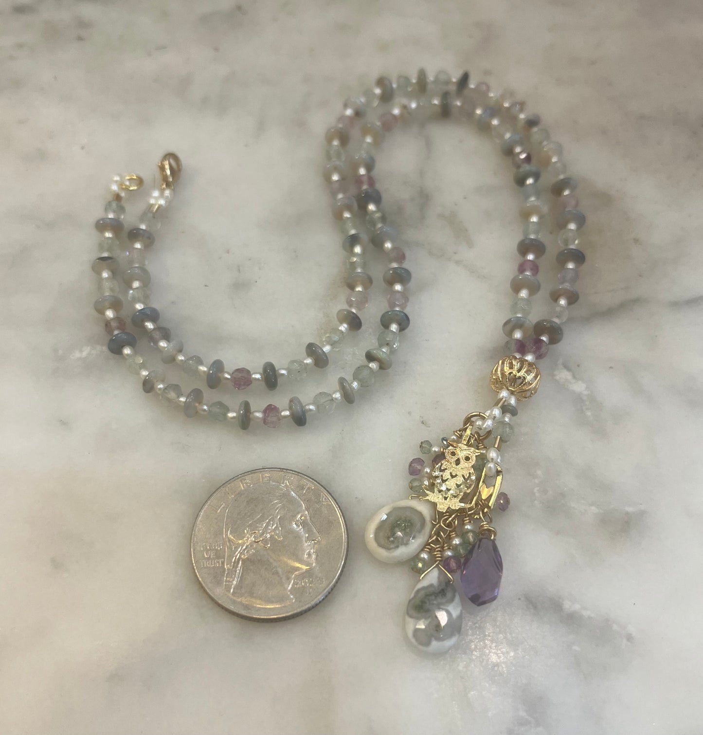 Gold 14k Owl necklace with opals, amethyst, solar quartz