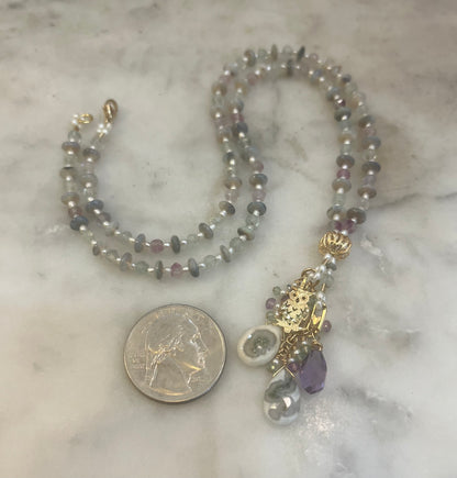 Gold 14k Owl necklace with opals, amethyst, solar quartz