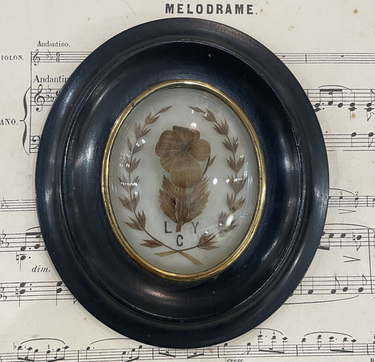 Antique French Mourning Hair Art Domed Glass Wooden Frame c1880