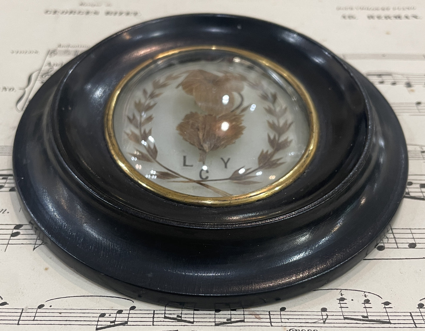 Antique French Mourning Hair Art Domed Glass Wooden Frame c1880
