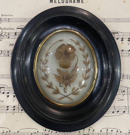 Antique French Mourning Hair Art Domed Glass Wooden Frame c1880