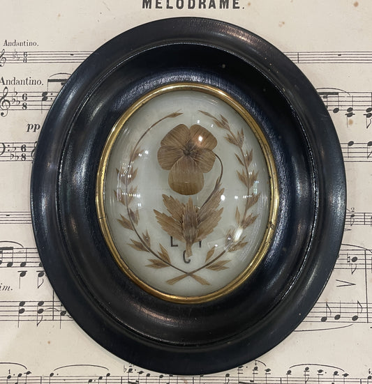 Antique French Mourning Hair Art Domed Glass Wooden Frame c1880