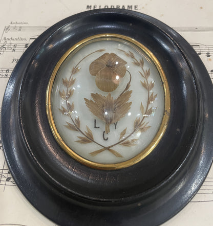 Antique French Mourning Hair Art Domed Glass Wooden Frame c1880