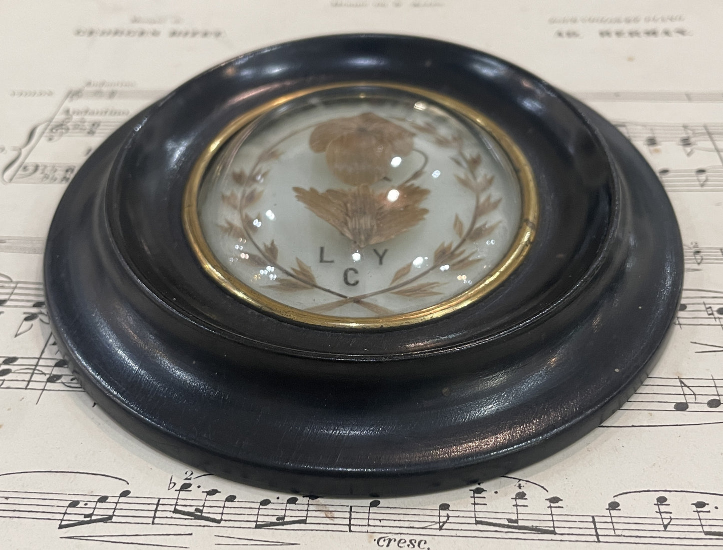 Antique French Mourning Hair Art Domed Glass Wooden Frame c1880