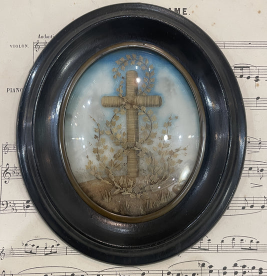 Rare Antique French Mourning Hair Art Domed Glass Wooden Frame c1880