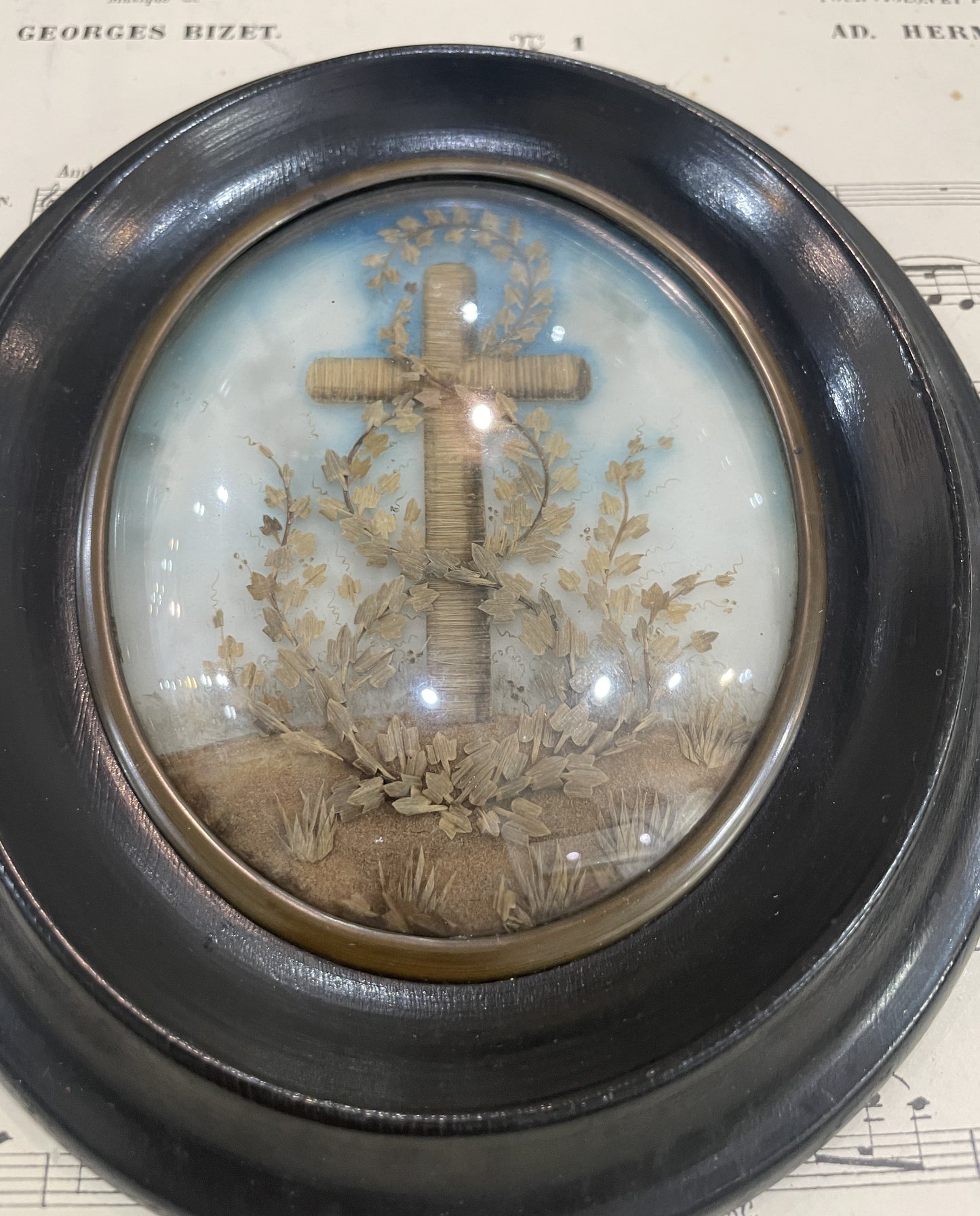 Rare Antique French Mourning Hair Art Domed Glass Wooden Frame c1880