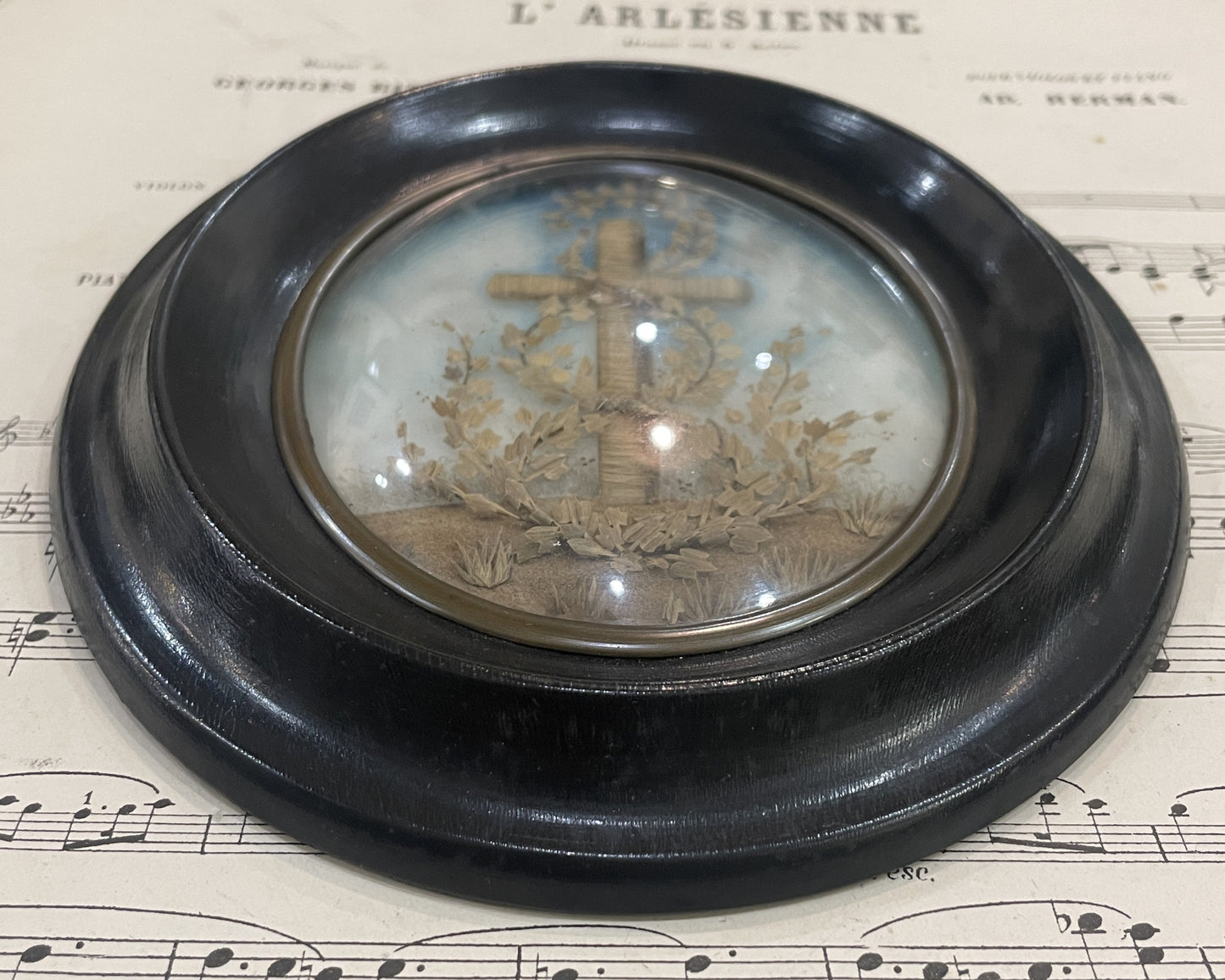 Rare Antique French Mourning Hair Art Domed Glass Wooden Frame c1880