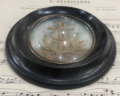 Rare Antique French Mourning Hair Art Domed Glass Wooden Frame c1880