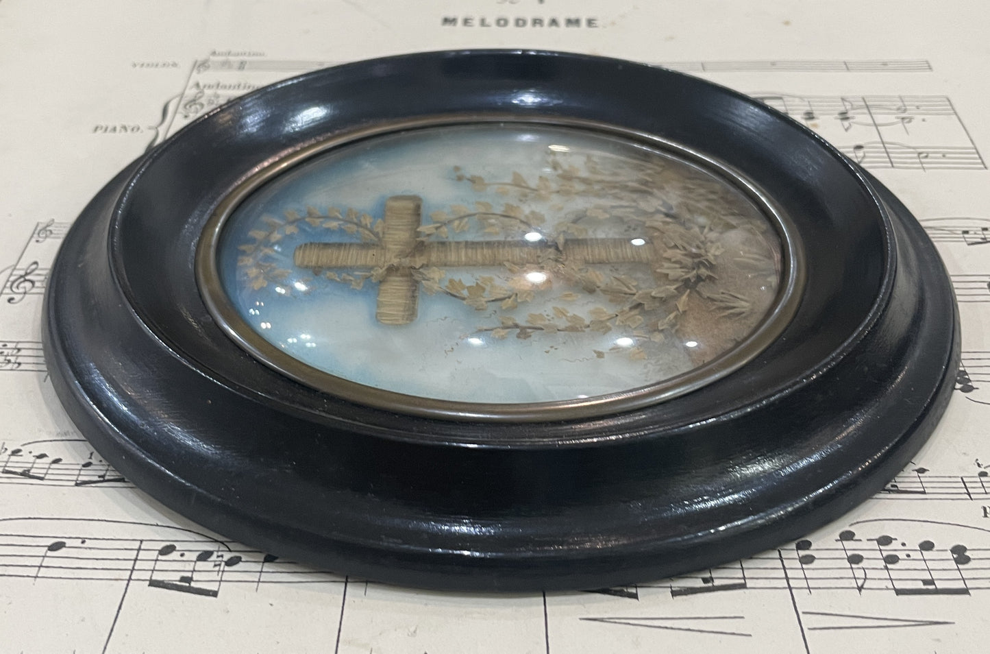 Rare Antique French Mourning Hair Art Domed Glass Wooden Frame c1880