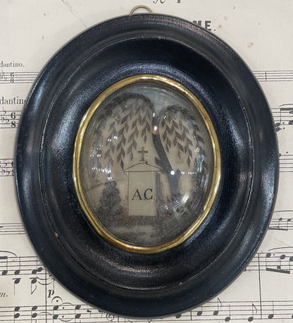 Rare Antique French Mourning Hair Art Domed Glass Wooden Frame Tomb Tree c1880