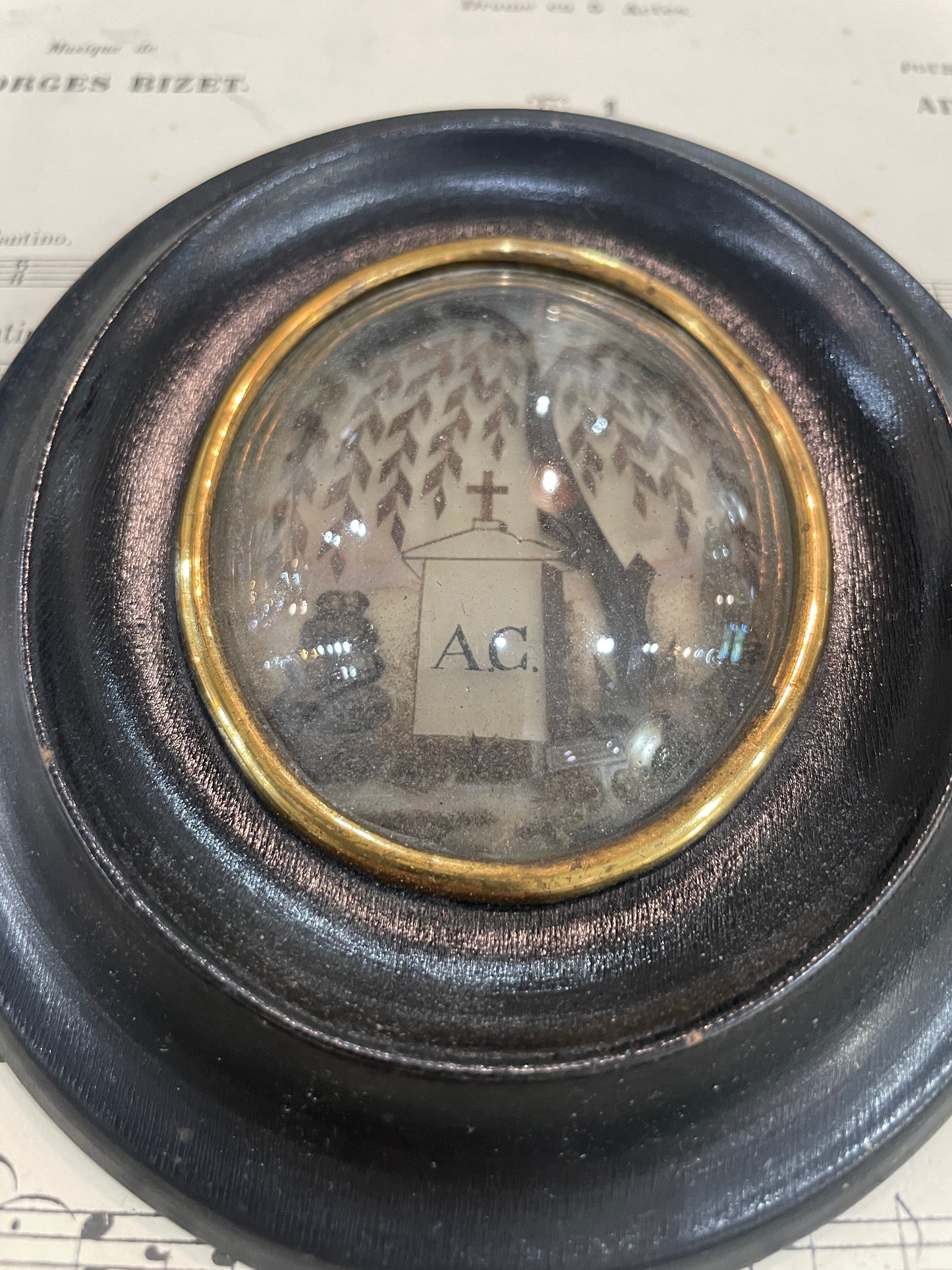 Rare Antique French Mourning Hair Art Domed Glass Wooden Frame Tomb Tree c1880