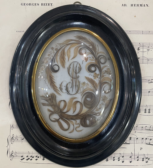 Rare Large Antique French Mourning Hair Art Domed Glass Wooden Frame c1880