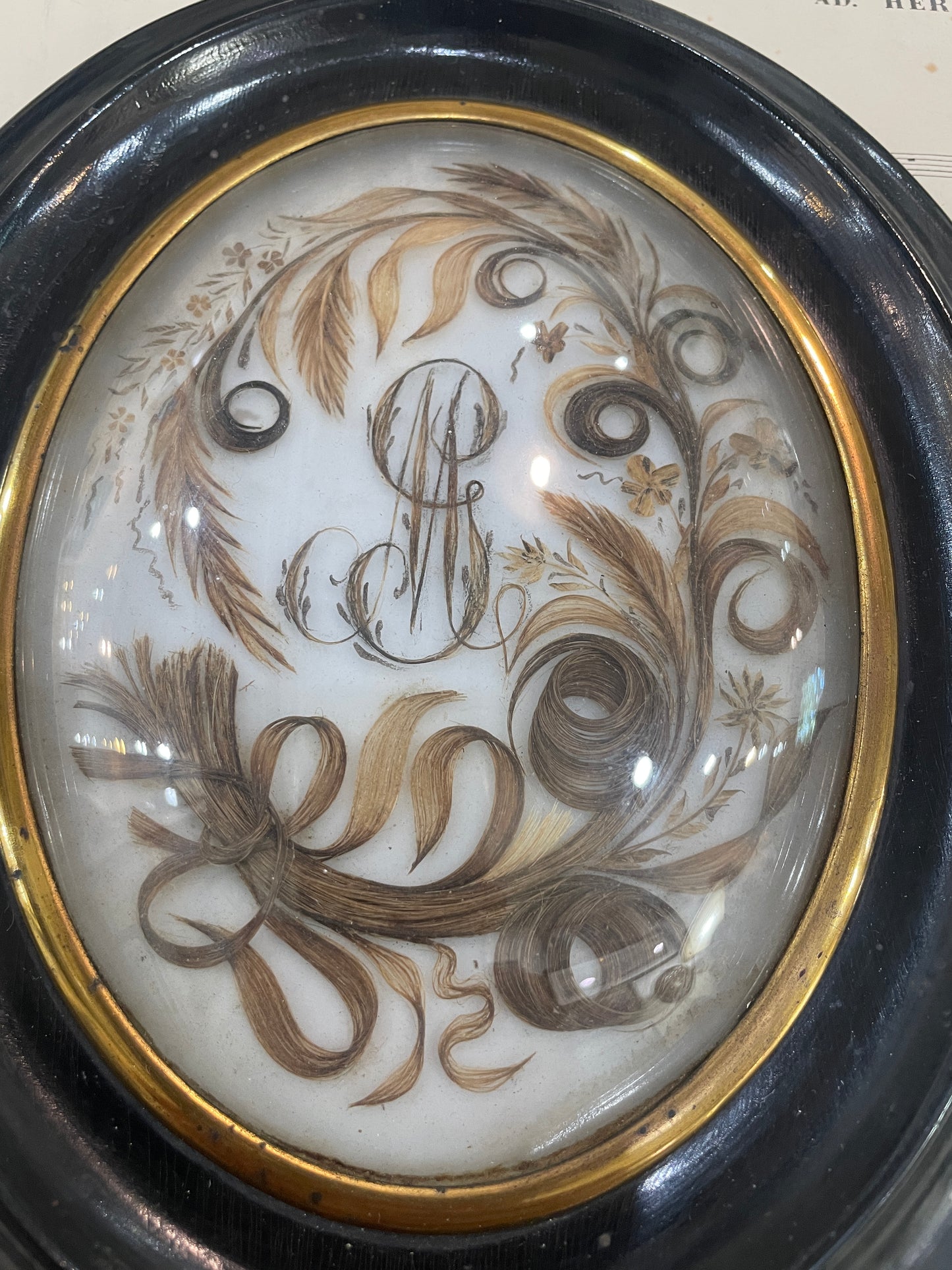 Rare Large Antique French Mourning Hair Art Domed Glass Wooden Frame c1880