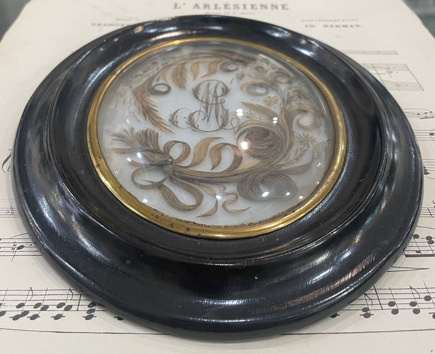 Rare Large Antique French Mourning Hair Art Domed Glass Wooden Frame c1880