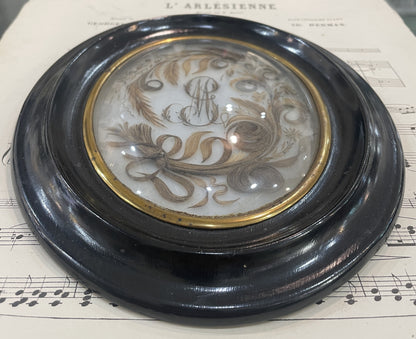 Rare Large Antique French Mourning Hair Art Domed Glass Wooden Frame c1880