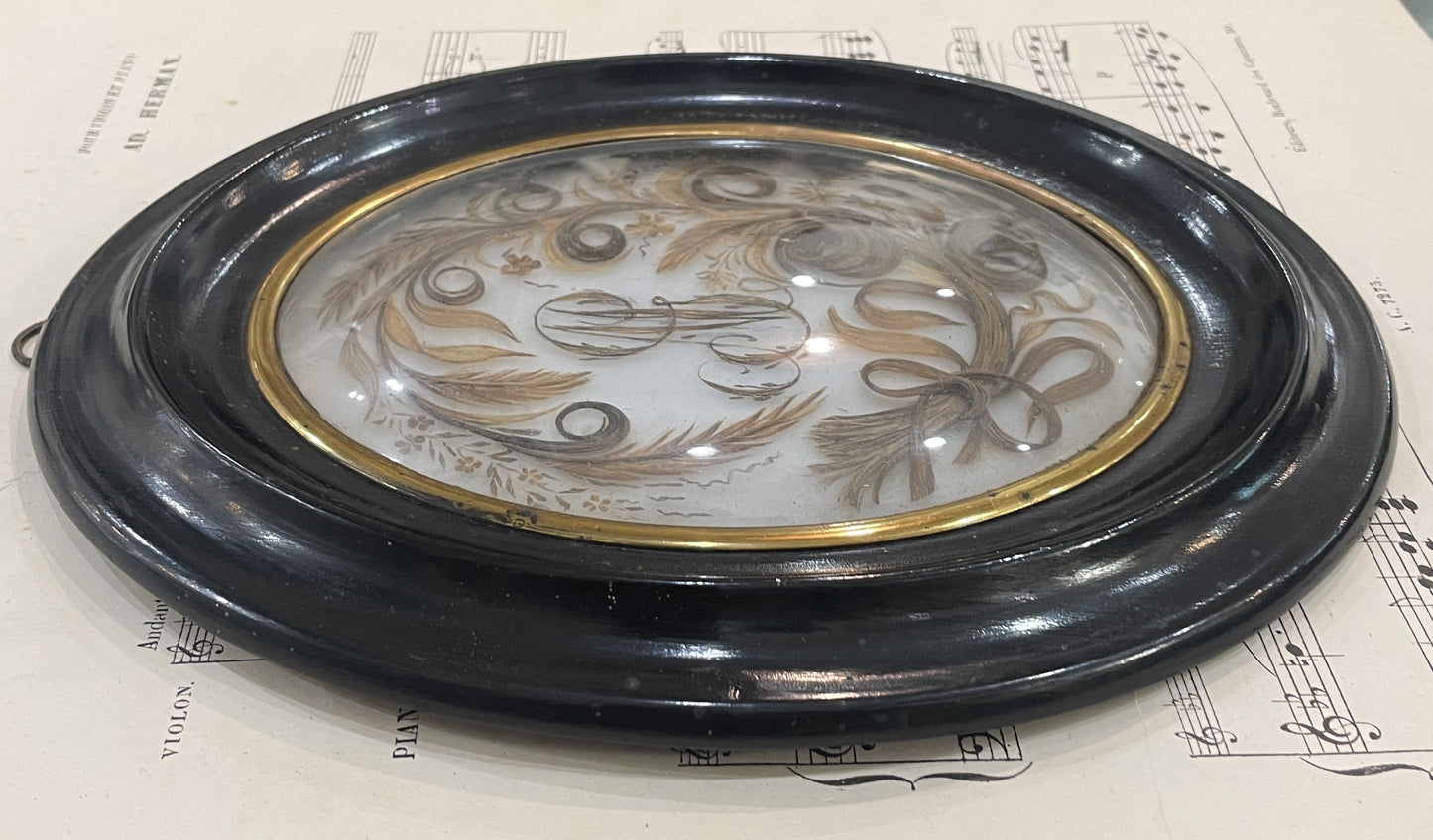 Rare Large Antique French Mourning Hair Art Domed Glass Wooden Frame c1880