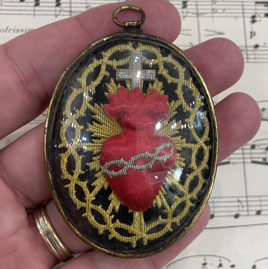 Rare Small Antique French Reliquary / Ex Voto Sacred Heart Domed Glass c1880