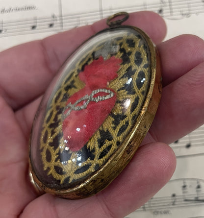 Rare Small Antique French Reliquary / Ex Voto Sacred Heart Domed Glass c1880