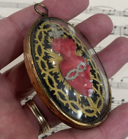Rare Small Antique French Reliquary / Ex Voto Sacred Heart Domed Glass c1880