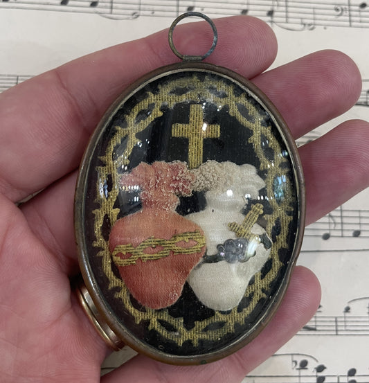 Rare Small Antique French Reliquary / Ex Voto Sacred Heart Domed Glass c1880