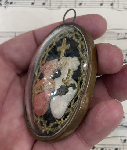 Rare Small Antique French Reliquary / Ex Voto Sacred Heart Domed Glass c1880
