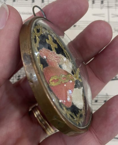 Rare Small Antique French Reliquary / Ex Voto Sacred Heart Domed Glass c1880