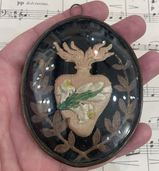 Rare Small Antique French Reliquary / Ex Voto Sacred Heart Domed Glass c1880