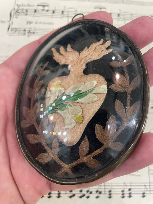 Rare Small Antique French Reliquary / Ex Voto Sacred Heart Domed Glass c1880