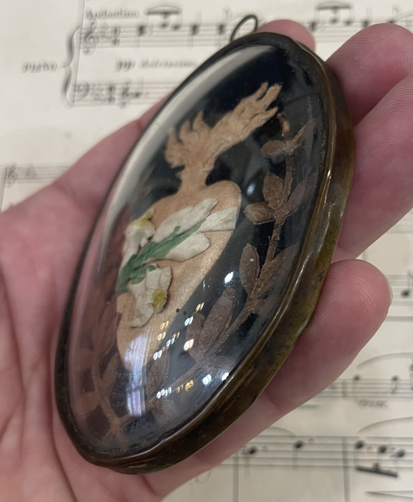 Rare Small Antique French Reliquary / Ex Voto Sacred Heart Domed Glass c1880