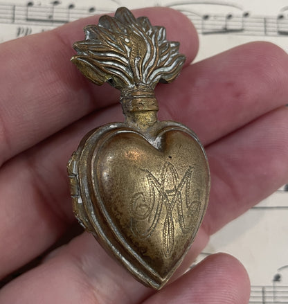 Rare Small Antique French Sacred Heart Reliquary Ex Voto c1880