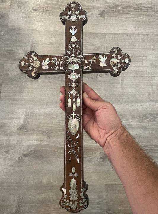 RARE Large Antique French Mother of Pearl Inlay Cross Sacred Heart Angels c1880