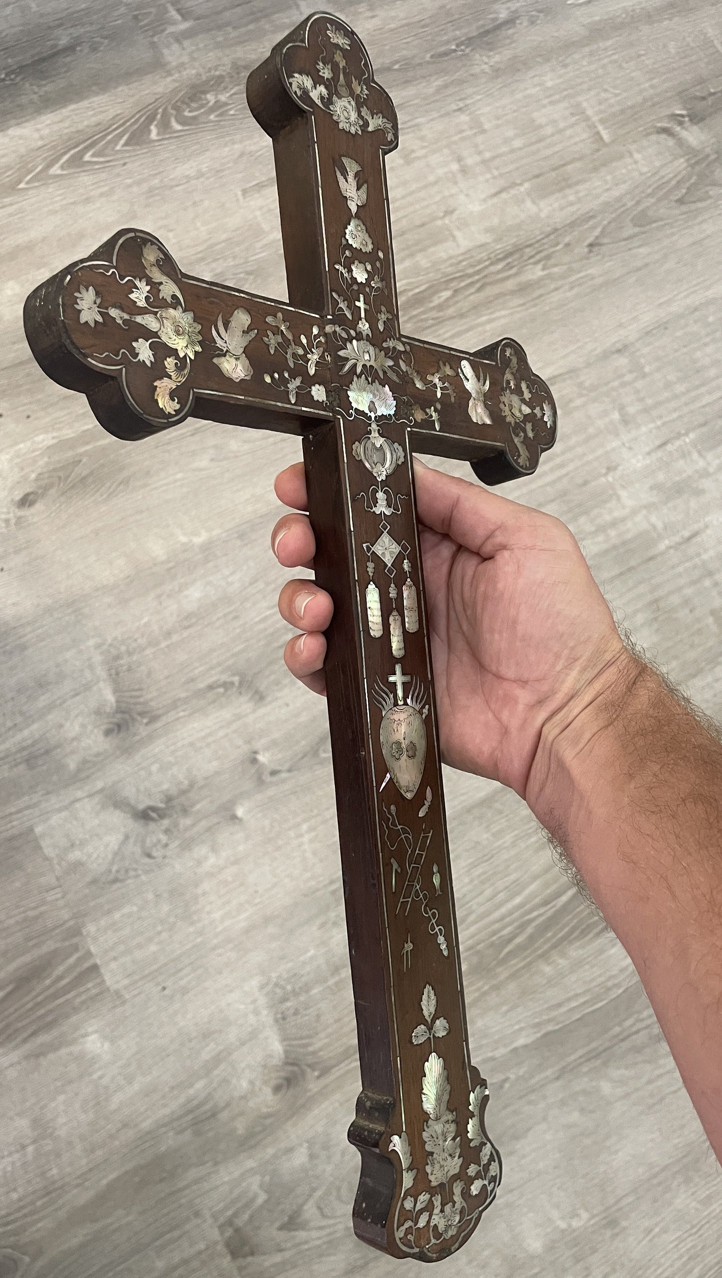 RARE Large Antique French Mother of Pearl Inlay Cross Sacred Heart Angels c1880