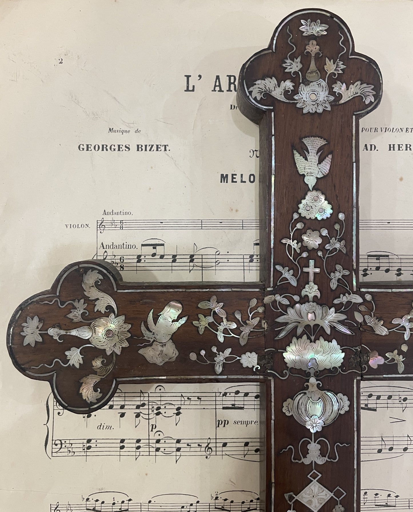 RARE Large Antique French Mother of Pearl Inlay Cross Sacred Heart Angels c1880