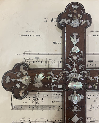 RARE Large Antique French Mother of Pearl Inlay Cross Sacred Heart Angels c1880
