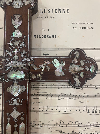 RARE Large Antique French Mother of Pearl Inlay Cross Sacred Heart Angels c1880