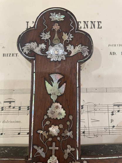 RARE Large Antique French Mother of Pearl Inlay Cross Sacred Heart Angels c1880