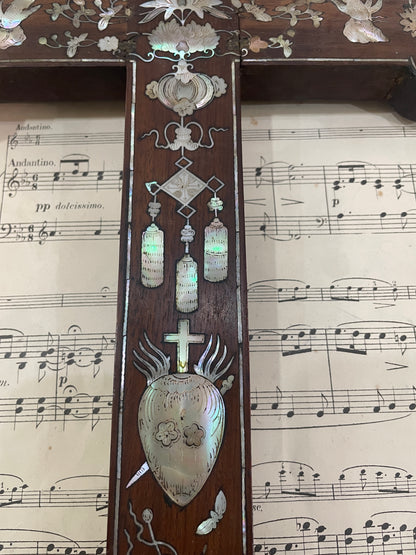RARE Large Antique French Mother of Pearl Inlay Cross Sacred Heart Angels c1880