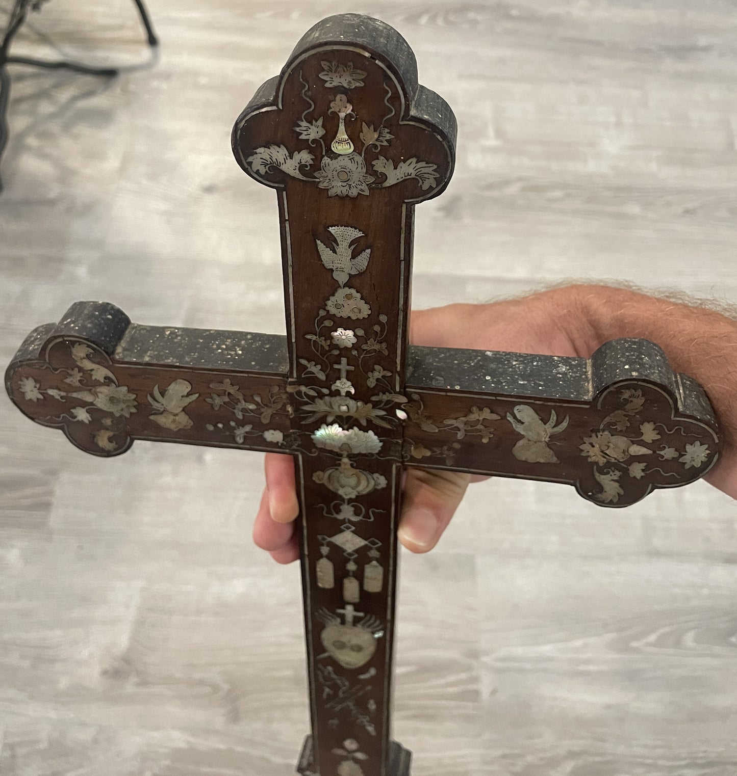 RARE Large Antique French Mother of Pearl Inlay Cross Sacred Heart Angels c1880