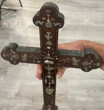 RARE Large Antique French Mother of Pearl Inlay Cross Sacred Heart Angels c1880