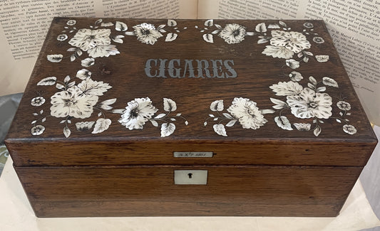 RARE Large Antique French Mother of Pearl Inlay Cigar Box Flowers dated 1861