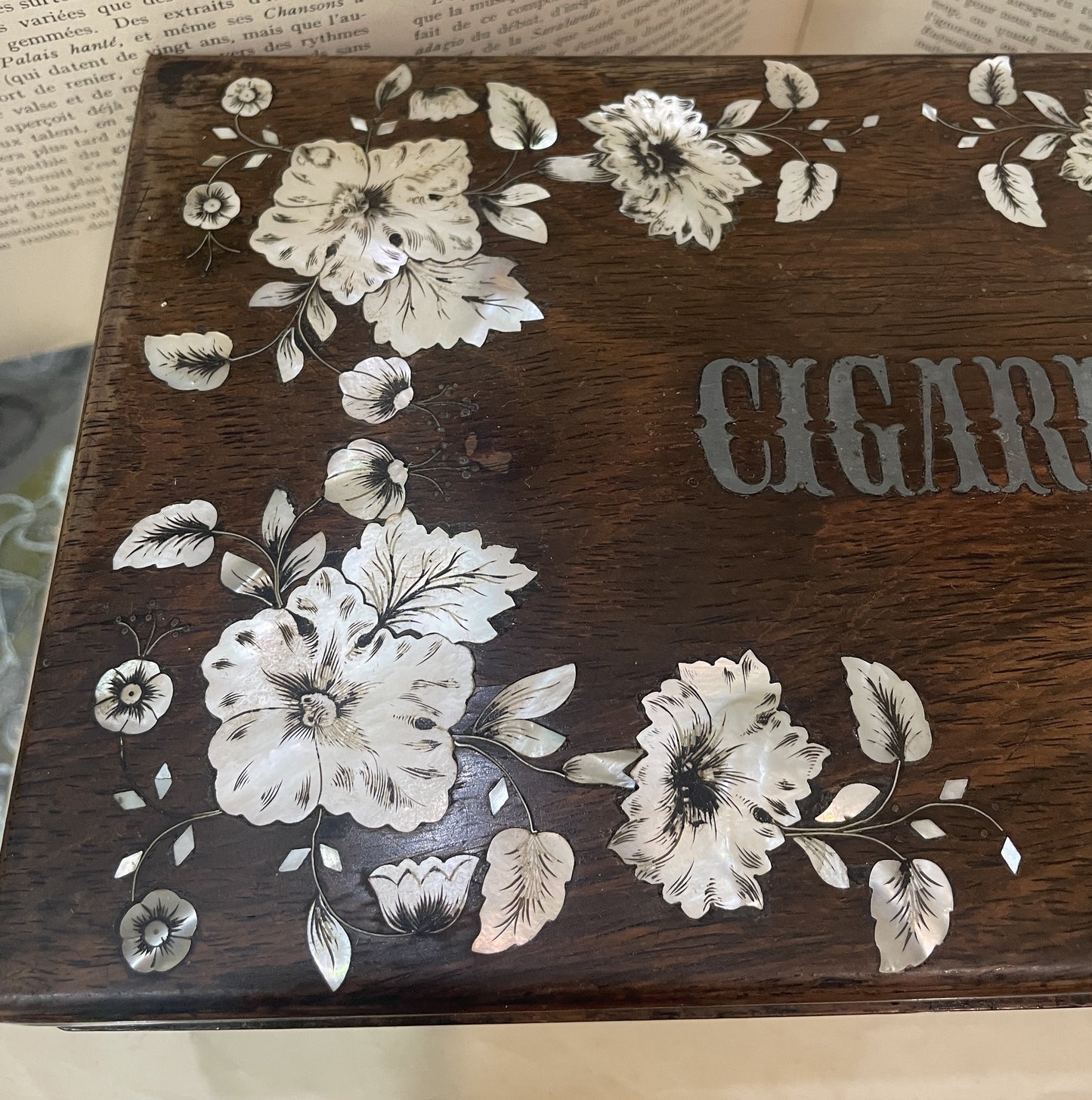RARE Large Antique French Mother of Pearl Inlay Cigar Box Flowers dated 1861