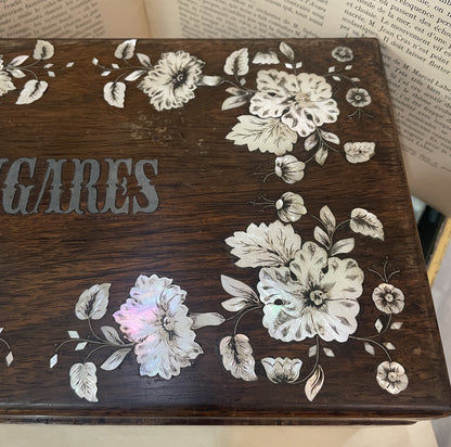 RARE Large Antique French Mother of Pearl Inlay Cigar Box Flowers dated 1861