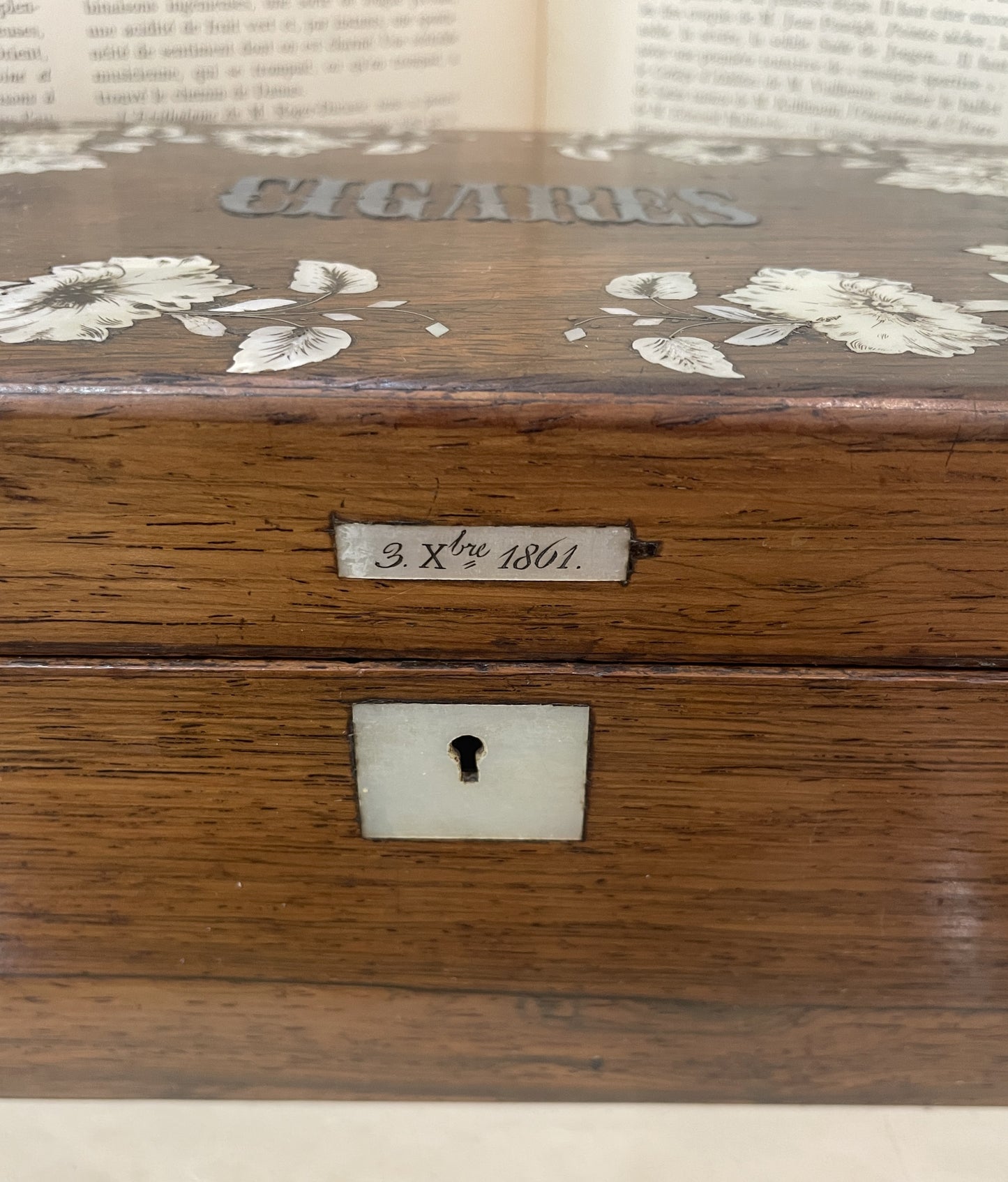 RARE Large Antique French Mother of Pearl Inlay Cigar Box Flowers dated 1861