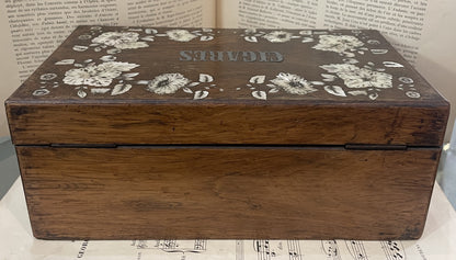 RARE Large Antique French Mother of Pearl Inlay Cigar Box Flowers dated 1861