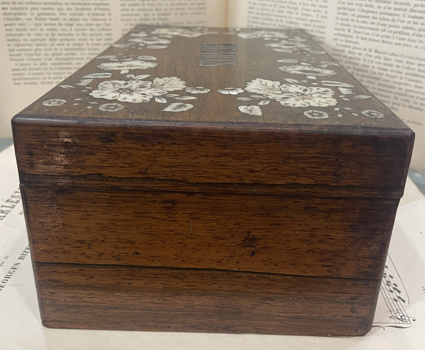RARE Large Antique French Mother of Pearl Inlay Cigar Box Flowers dated 1861